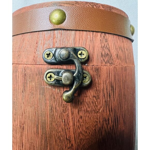Antique-Style Wooden Barrel Tea Box Brass Handle & Clasp Rustic Brown Finish - Picture 4 of 6